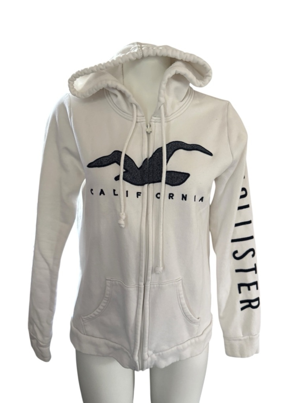 Hollister White Full-Zip Hoodie with Navy Logo